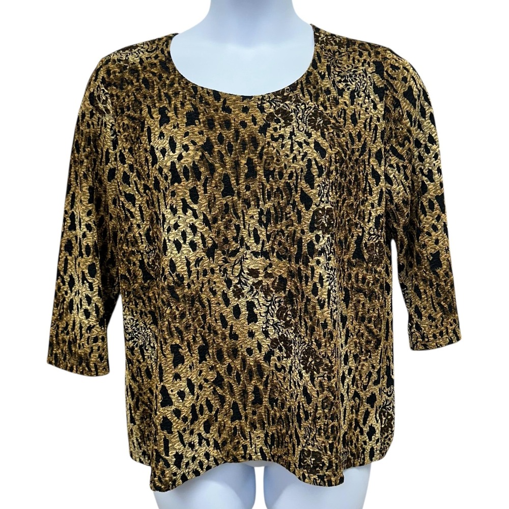 Sarah Bentley Blouse Womens XL Gold Black Animal Print 3/4 Sleeve Top‎ Stretch